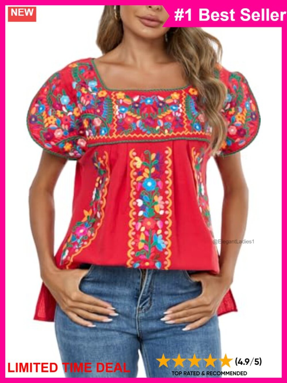 Embroidered Peasant Tunic Blouse Cotton Boho Summer Top
